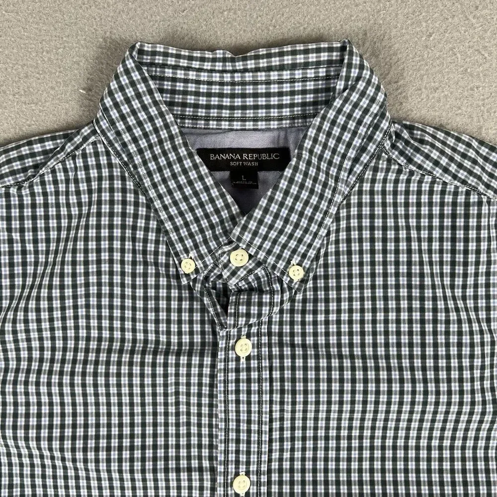 Banana Republic Shirt L Green Plaid‎ Long Sleeve Soft Wash Collared Button Down